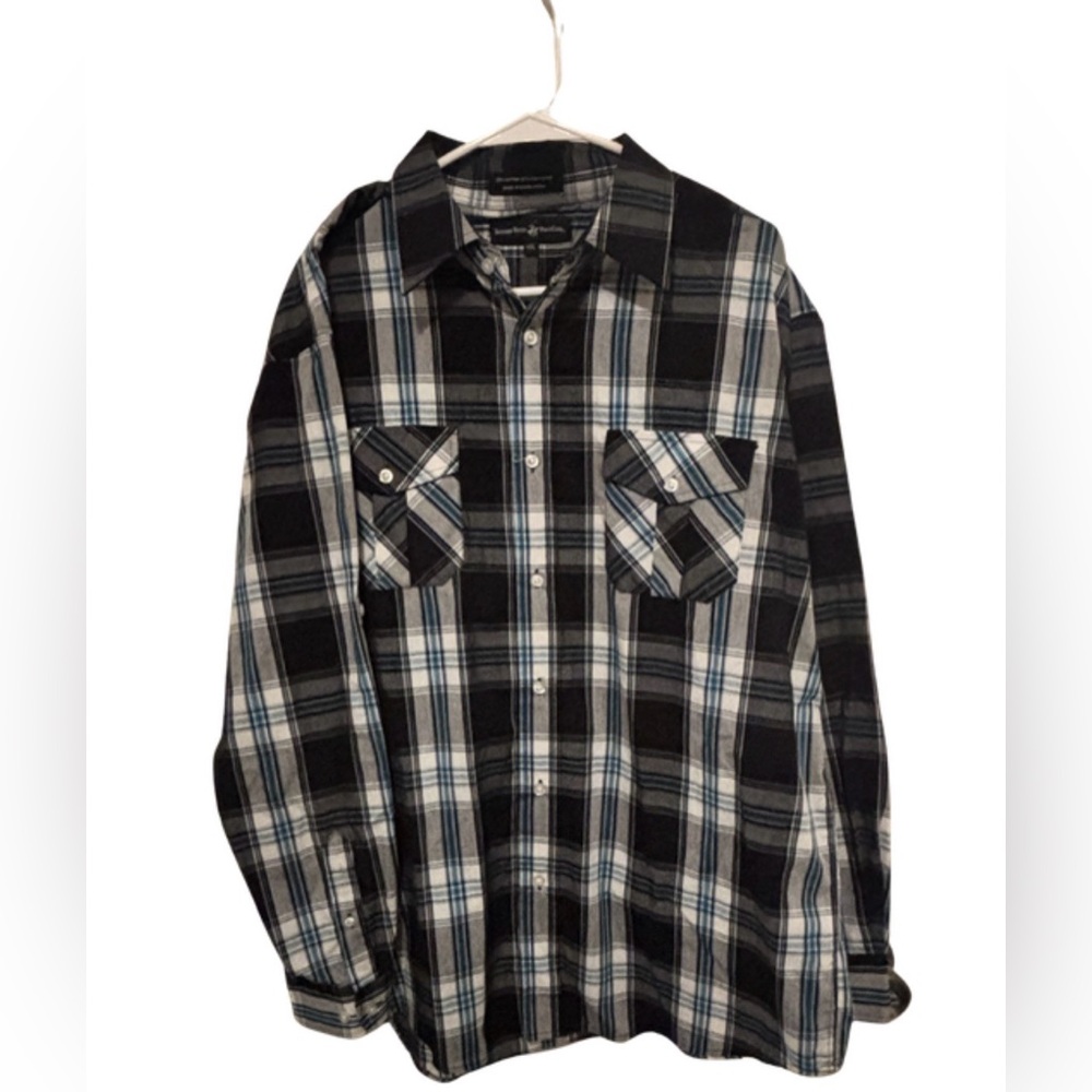 Beverly Hills Polo Club Black, White & Teal Plaid Shirt